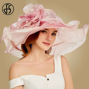 FS 2019 Pink Kentucky Derby Hat For Women Organza Sun Hats Flowers Elegant Summer Large Wide Brim Ladies Wedding Church Fedoras