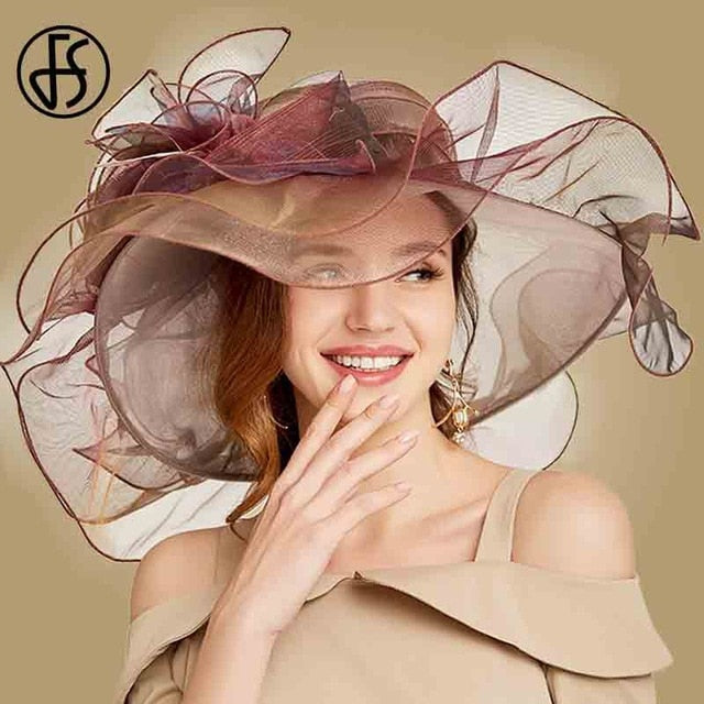 FS 2019 Pink Kentucky Derby Hat For Women Organza Sun Hats Flowers Elegant Summer Large Wide Brim Ladies Wedding Church Fedoras