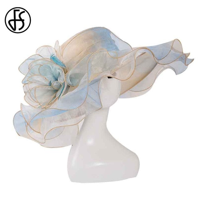 FS 2019 Pink Kentucky Derby Hat For Women Organza Sun Hats Flowers Elegant Summer Large Wide Brim Ladies Wedding Church Fedoras