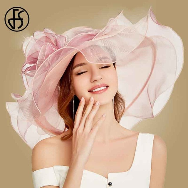 FS 2019 Pink Kentucky Derby Hat For Women Organza Sun Hats Flowers Elegant Summer Large Wide Brim Ladies Wedding Church Fedoras