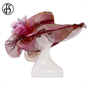 FS 2019 Pink Kentucky Derby Hat For Women Organza Sun Hats Flowers Elegant Summer Large Wide Brim Ladies Wedding Church Fedoras