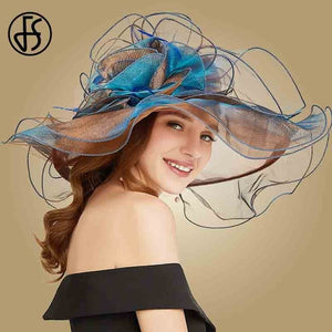 FS 2019 Pink Kentucky Derby Hat For Women Organza Sun Hats Flowers Elegant Summer Large Wide Brim Ladies Wedding Church Fedoras