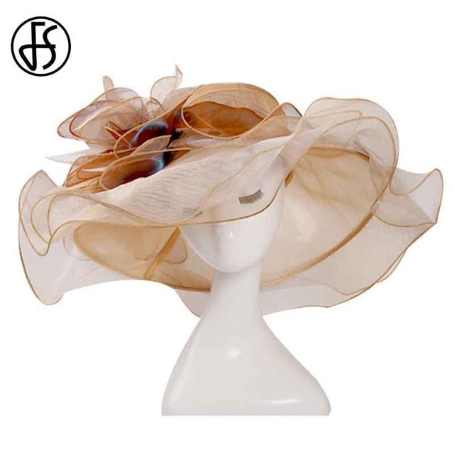 FS 2019 Pink Kentucky Derby Hat For Women Organza Sun Hats Flowers Elegant Summer Large Wide Brim Ladies Wedding Church Fedoras