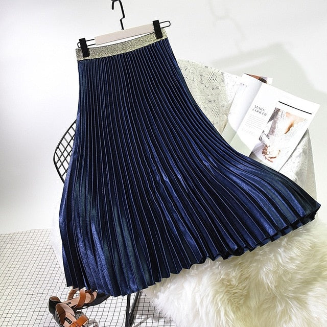 Sherhure 2019 High Quality Women Summer Pleated Skirt Stretch High Waist Women Long Skirt Female Jumper Women Midi Skirt Saia