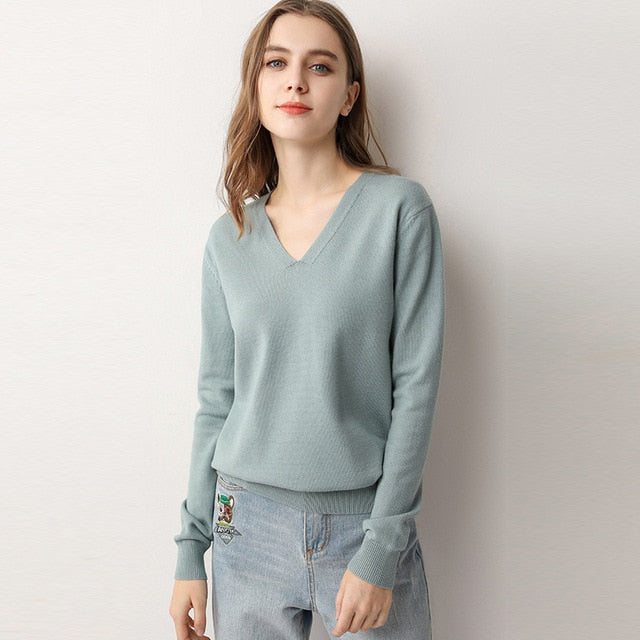 Ladies V Neck Knitted Sweater Women Pullovers  Jumper Spring Autumn Basic Women Sweaters Pullover Soft Slim Top Knitwear Female