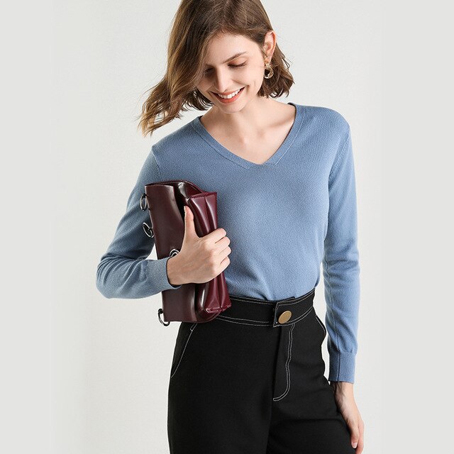 Ladies V Neck Knitted Sweater Women Pullovers  Jumper Spring Autumn Basic Women Sweaters Pullover Soft Slim Top Knitwear Female