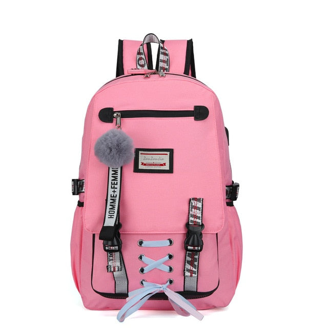 Pink Canvas Backpack Women School Bags for Teenage Girls Preppy Style Large Capacity USB Back Pack Rucksack Youth Bagpack 2020