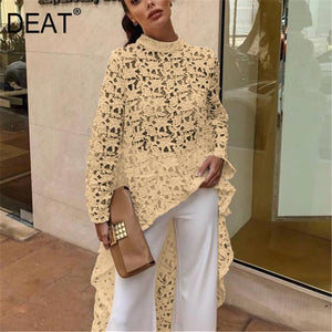 DEAT 2019 New Summer Fashion Autumn Round Neck Full Sleeves Lace Hollow Out Asymmetrical Pullover Female Clothes BF21108XL
