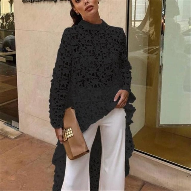 DEAT 2019 New Summer Fashion Autumn Round Neck Full Sleeves Lace Hollow Out Asymmetrical Pullover Female Clothes BF21108XL