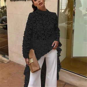 DEAT 2019 New Summer Fashion Autumn Round Neck Full Sleeves Lace Hollow Out Asymmetrical Pullover Female Clothes BF21108XL