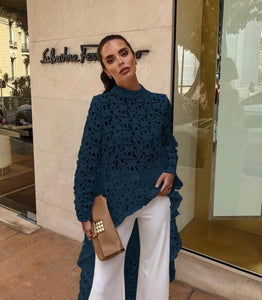 DEAT 2019 New Summer Fashion Autumn Round Neck Full Sleeves Lace Hollow Out Asymmetrical Pullover Female Clothes BF21108XL