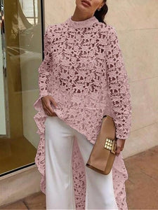 DEAT 2019 New Summer Fashion Autumn Round Neck Full Sleeves Lace Hollow Out Asymmetrical Pullover Female Clothes BF21108XL