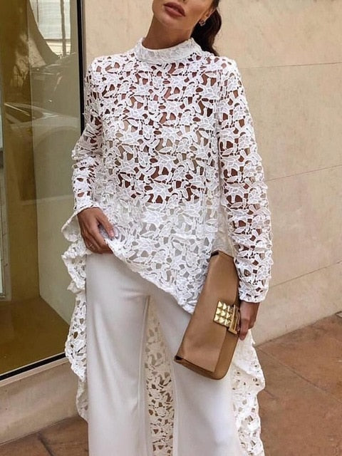 DEAT 2019 New Summer Fashion Autumn Round Neck Full Sleeves Lace Hollow Out Asymmetrical Pullover Female Clothes BF21108XL