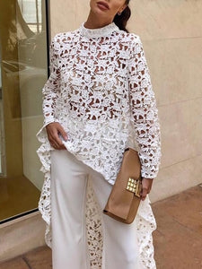 DEAT 2019 New Summer Fashion Autumn Round Neck Full Sleeves Lace Hollow Out Asymmetrical Pullover Female Clothes BF21108XL