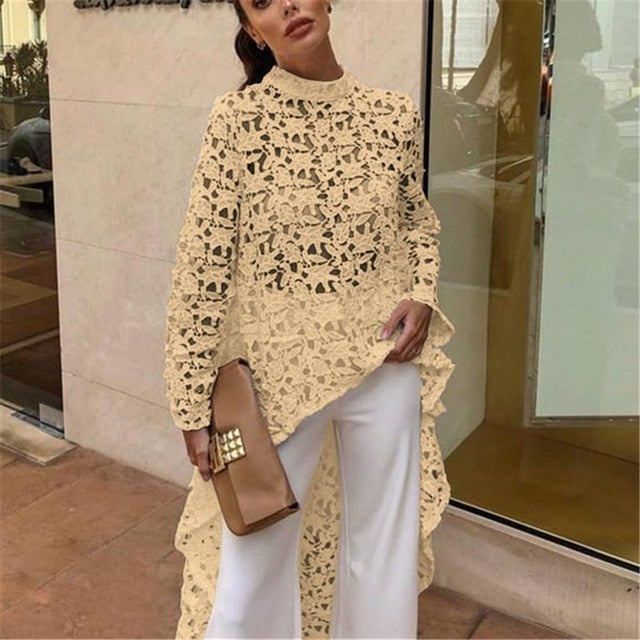 DEAT 2019 New Summer Fashion Autumn Round Neck Full Sleeves Lace Hollow Out Asymmetrical Pullover Female Clothes BF21108XL