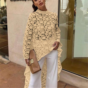 DEAT 2019 New Summer Fashion Autumn Round Neck Full Sleeves Lace Hollow Out Asymmetrical Pullover Female Clothes BF21108XL