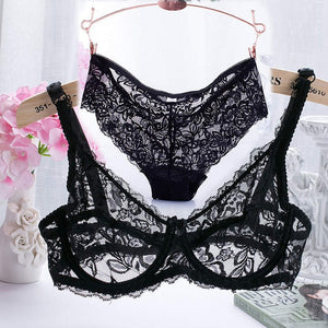 2019 Hollow Sexy Lingerie Bra Set Women Underwear Push Up Bra Mesh Bralette Erotic Lingerie Ultrathin Vintage Lace Lingerie Set