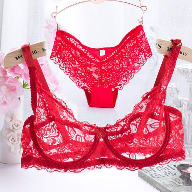 2019 Hollow Sexy Lingerie Bra Set Women Underwear Push Up Bra Mesh Bralette Erotic Lingerie Ultrathin Vintage Lace Lingerie Set