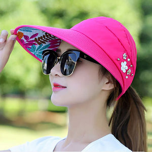 Summer Hats For Women Foldable Sun Hat Pearl Flower Visor Suncreen Floppy Cap Female Outdoor Casual Baseball Cap