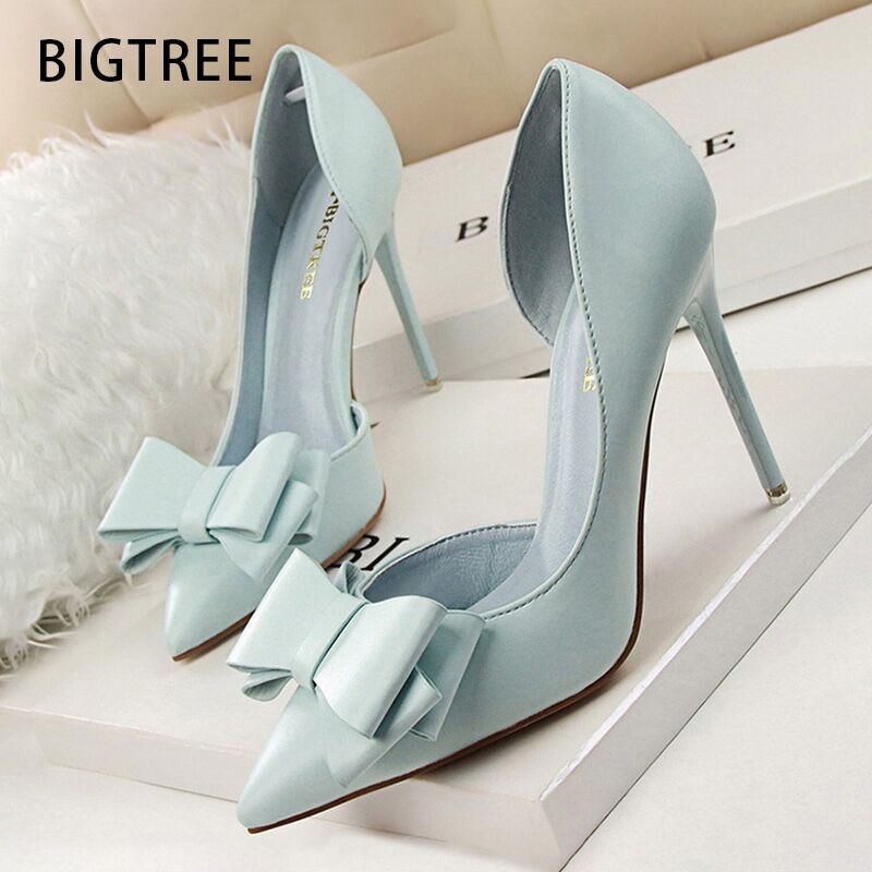 BIGTREE Shoes Bow Women Pumps Pu Leather High Heels Sexy Office Shoes Women Heels Stiletto Ladies Shoes Wedding Free Shipping