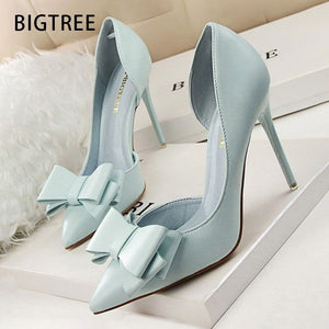 BIGTREE Shoes Bow Women Pumps Pu Leather High Heels Sexy Office Shoes Women Heels Stiletto Ladies Shoes Wedding Free Shipping