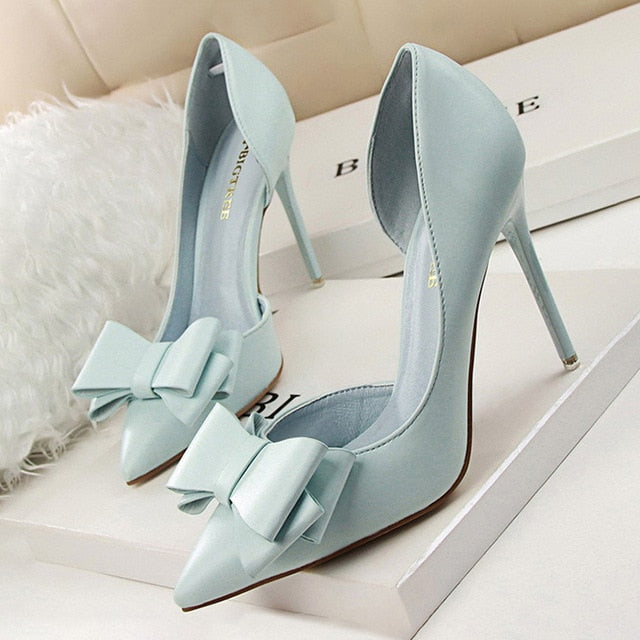 BIGTREE Shoes Bow Women Pumps Pu Leather High Heels Sexy Office Shoes Women Heels Stiletto Ladies Shoes Wedding Free Shipping