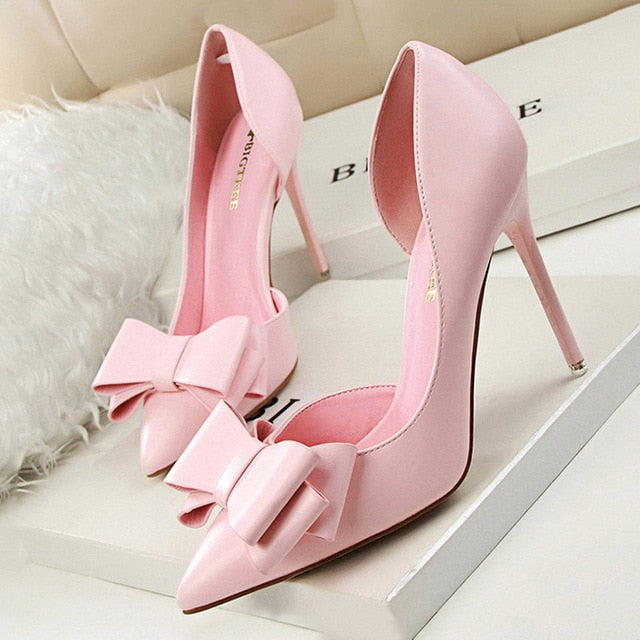 BIGTREE Shoes Bow Women Pumps Pu Leather High Heels Sexy Office Shoes Women Heels Stiletto Ladies Shoes Wedding Free Shipping