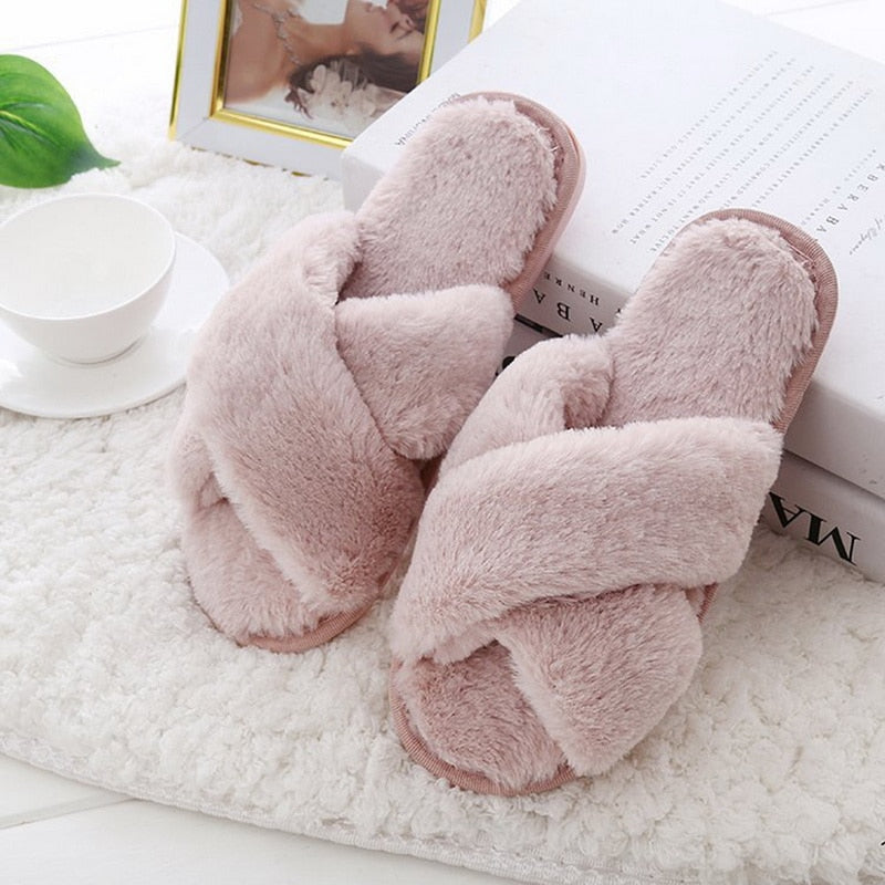 SHUJIN Women Slippers Winter Shoes Flat Sweet Home Slippers Woman Indoor Fur Warm Soft Slip On Black Pink Grey Female Slipper