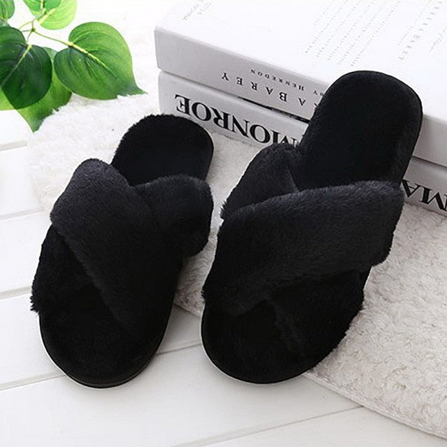SHUJIN Women Slippers Winter Shoes Flat Sweet Home Slippers Woman Indoor Fur Warm Soft Slip On Black Pink Grey Female Slipper