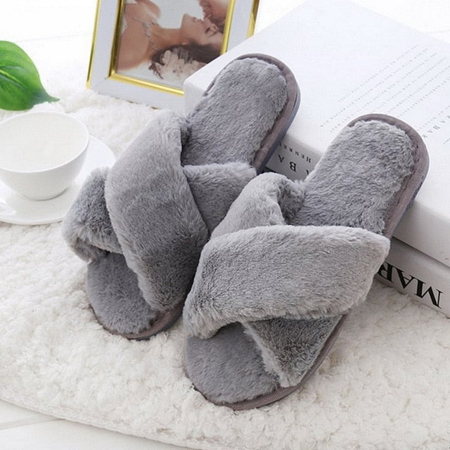 SHUJIN Women Slippers Winter Shoes Flat Sweet Home Slippers Woman Indoor Fur Warm Soft Slip On Black Pink Grey Female Slipper