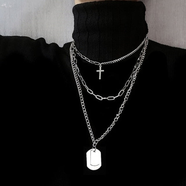 AOMU 2020 Fashion Multilayer Hip Hop Long Chain Necklace For Women Men Jewelry Gifts Key Cross Pendant Necklace Accessories