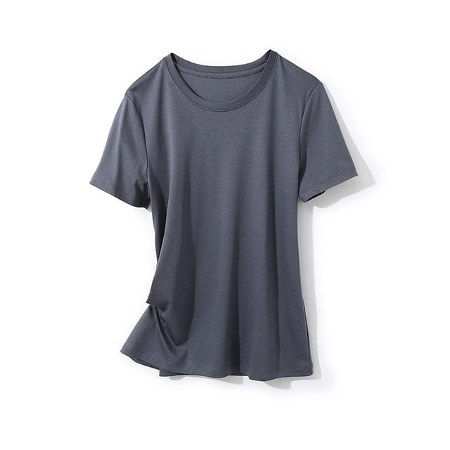 SuyaDream Women Solid T shirts Cotton and Silk mix Plain O neck Short Sleeved Shirts 2020 Summer Candy Colors Basic Top
