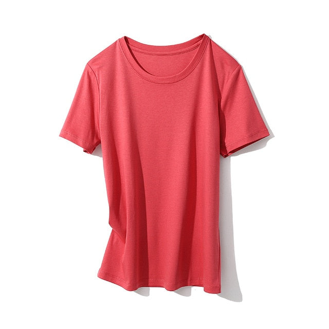 SuyaDream Women Solid T shirts Cotton and Silk mix Plain O neck Short Sleeved Shirts 2020 Summer Candy Colors Basic Top