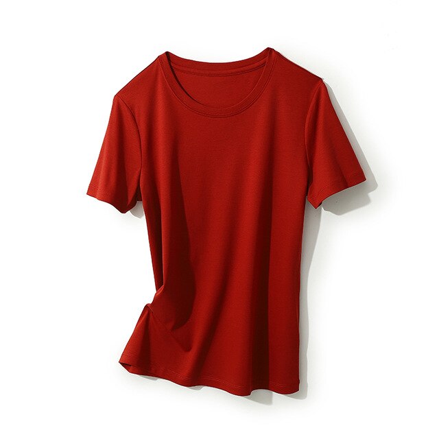 SuyaDream Women Solid T shirts Cotton and Silk mix Plain O neck Short Sleeved Shirts 2020 Summer Candy Colors Basic Top