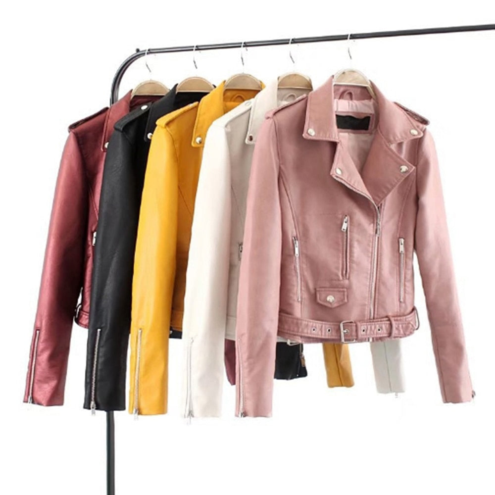 JODIMITTY 2020 Fashion Women Autumn Winter Black Faux Leather Jackets Zipper Basic Coat Turn-down Collar Biker Jacket With Blet
