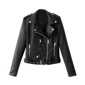 JODIMITTY 2020 Fashion Women Autumn Winter Black Faux Leather Jackets Zipper Basic Coat Turn-down Collar Biker Jacket With Blet