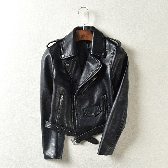 JODIMITTY 2020 Fashion Women Autumn Winter Black Faux Leather Jackets Zipper Basic Coat Turn-down Collar Biker Jacket With Blet