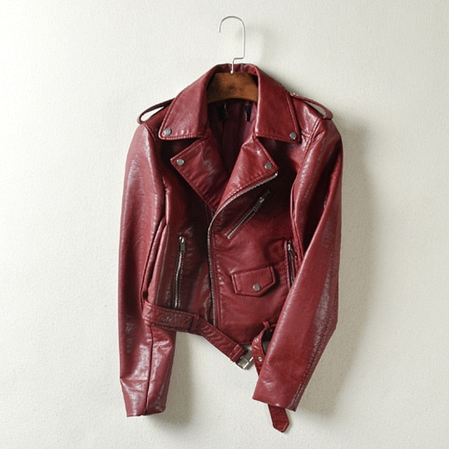 JODIMITTY 2020 Fashion Women Autumn Winter Black Faux Leather Jackets Zipper Basic Coat Turn-down Collar Biker Jacket With Blet