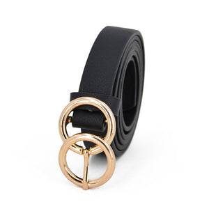 Thin Female Circle Buckles Black Belt Deduction Side Gold Buckle Jeans Belts Women Girls Double Ring Buckle Leather Waist Belt