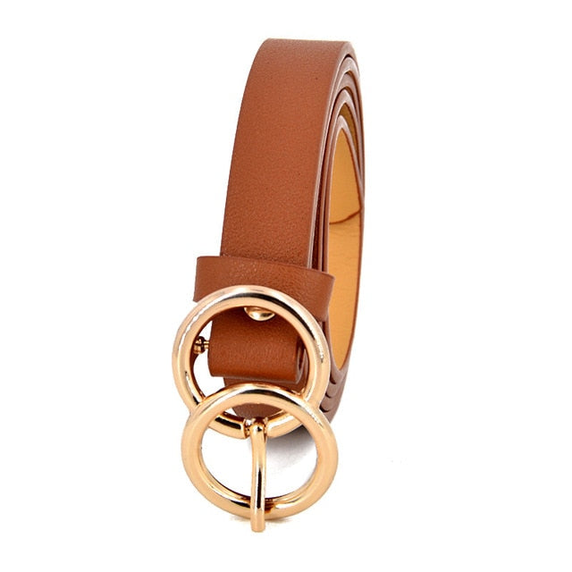 Thin Female Circle Buckles Black Belt Deduction Side Gold Buckle Jeans Belts Women Girls Double Ring Buckle Leather Waist Belt