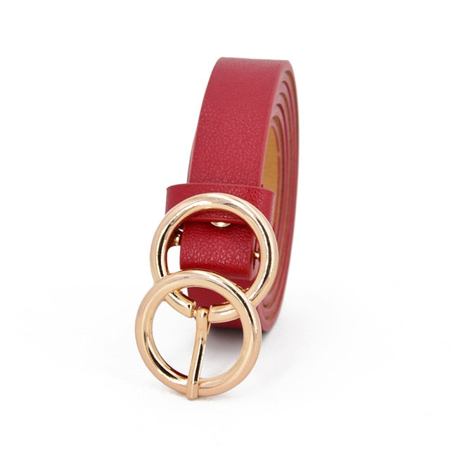 Thin Female Circle Buckles Black Belt Deduction Side Gold Buckle Jeans Belts Women Girls Double Ring Buckle Leather Waist Belt