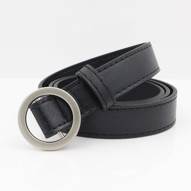 Thin Female Circle Buckles Black Belt Deduction Side Gold Buckle Jeans Belts Women Girls Double Ring Buckle Leather Waist Belt