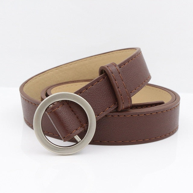 Thin Female Circle Buckles Black Belt Deduction Side Gold Buckle Jeans Belts Women Girls Double Ring Buckle Leather Waist Belt