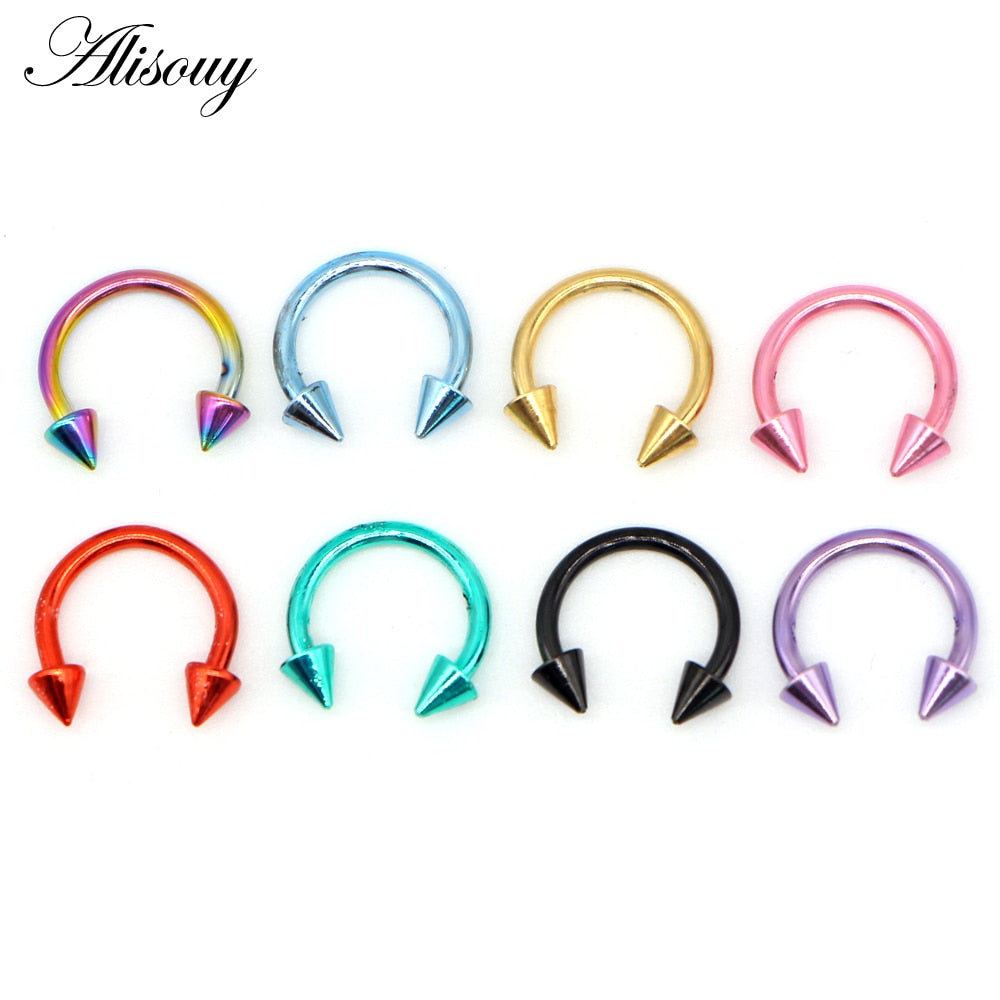 Alisouy 1pcs sugical Stainless Steel Spike Nose Septum Ring Eyebrow Tragus Ear Rings Body Piercing Jewelry for men women 8 color
