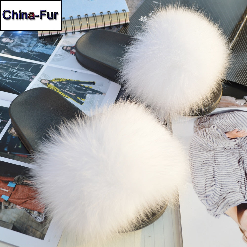 Fashion Women Real Genuine Fox Fur Slippers Girls Lovely Fluffy Real Fox Fur Shoes Slides Luxury Brand Real Fox Fur Flat Sandals