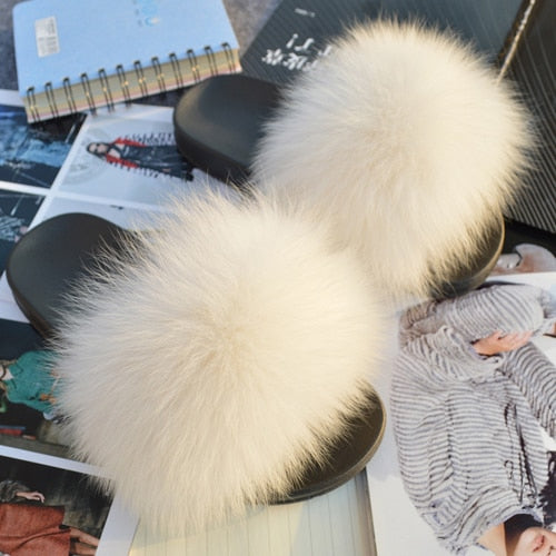 Fashion Women Real Genuine Fox Fur Slippers Girls Lovely Fluffy Real Fox Fur Shoes Slides Luxury Brand Real Fox Fur Flat Sandals
