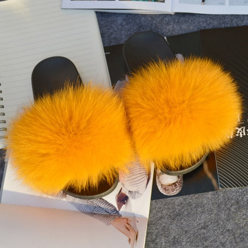 Fashion Women Real Genuine Fox Fur Slippers Girls Lovely Fluffy Real Fox Fur Shoes Slides Luxury Brand Real Fox Fur Flat Sandals