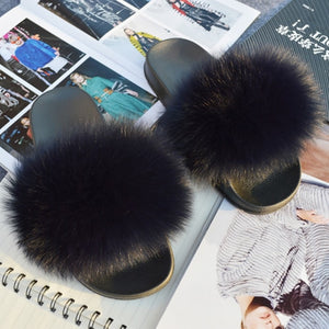 Fashion Women Real Genuine Fox Fur Slippers Girls Lovely Fluffy Real Fox Fur Shoes Slides Luxury Brand Real Fox Fur Flat Sandals