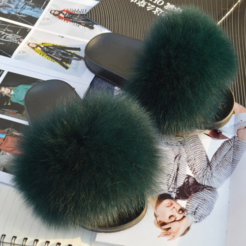 Fashion Women Real Genuine Fox Fur Slippers Girls Lovely Fluffy Real Fox Fur Shoes Slides Luxury Brand Real Fox Fur Flat Sandals