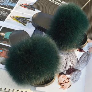Fashion Women Real Genuine Fox Fur Slippers Girls Lovely Fluffy Real Fox Fur Shoes Slides Luxury Brand Real Fox Fur Flat Sandals